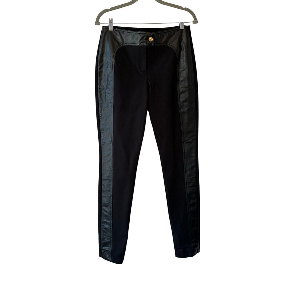 St John black ponte pants 6 leather trim gold button tall